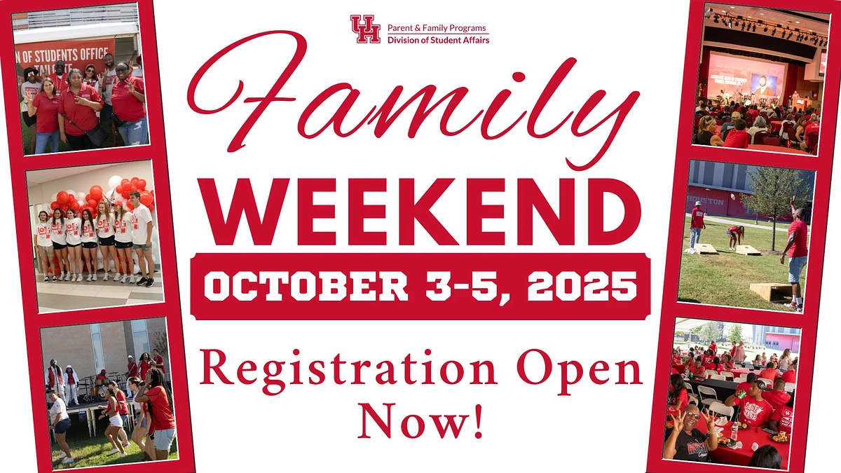 The image is an announcement for the University of Houston's Family Weekend event happening from October 3-5, 2025, with registration now open.